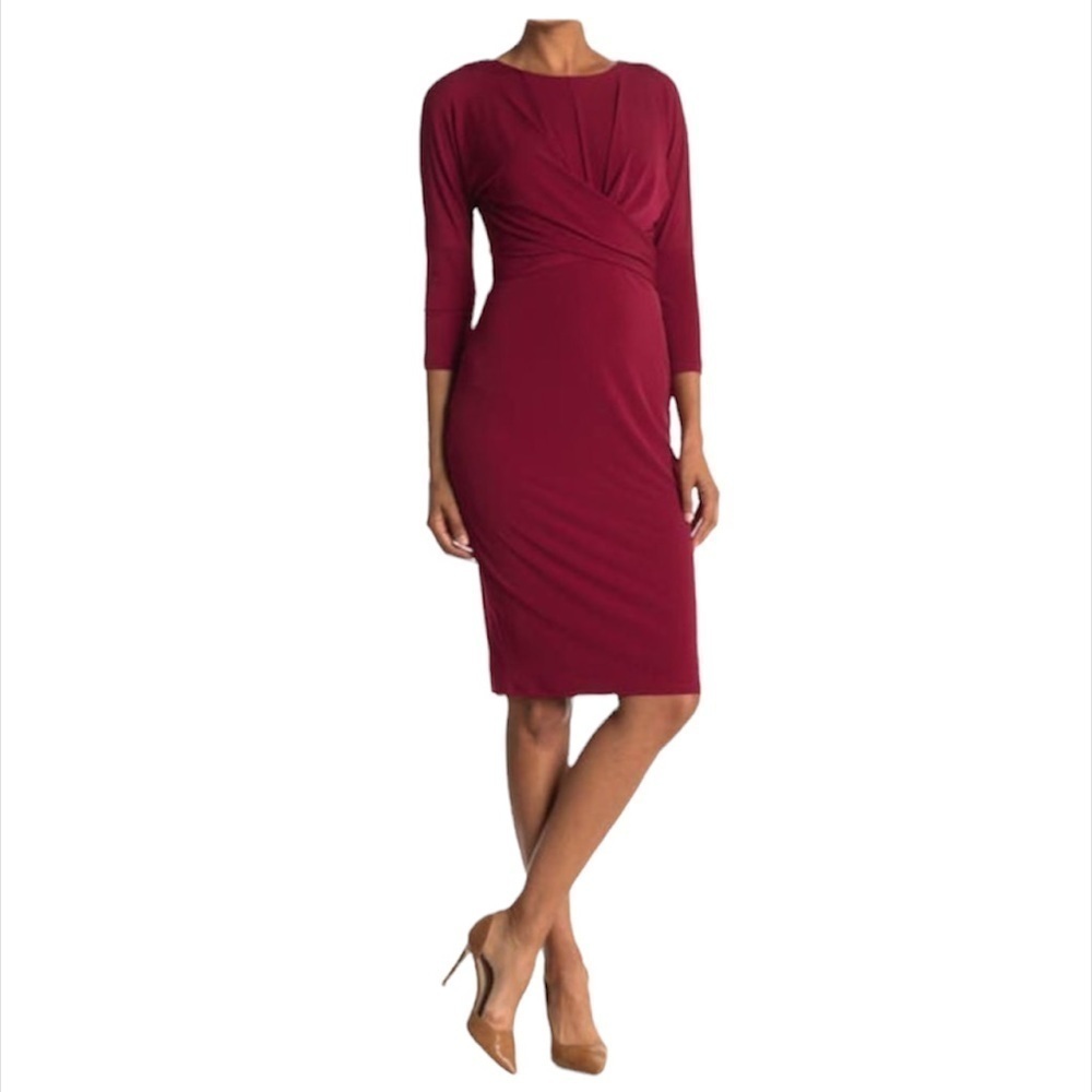 London Times Womens Red Wine Elbow Sleeve Jersey Knit Sheath Midi Dress Sz 4 New